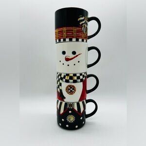 MACKENZIE-CHILDS RARE SNOWMAN TOWER MUGS NEW WITHOUT BOX